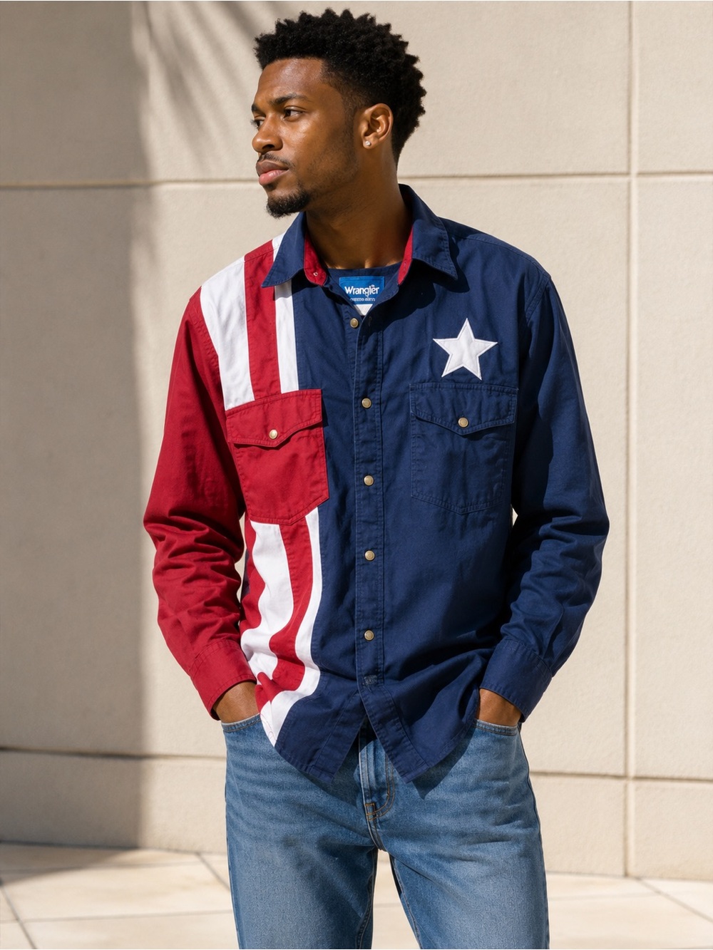Men’s Wrangler Patriotic Western Pearl-snap Shirt - Blue & Red